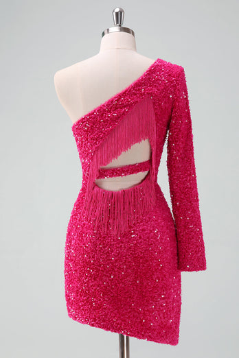 Sparkly Fuchsia One Shoulder Sequin Tight Short Graduation Dress with Fringe