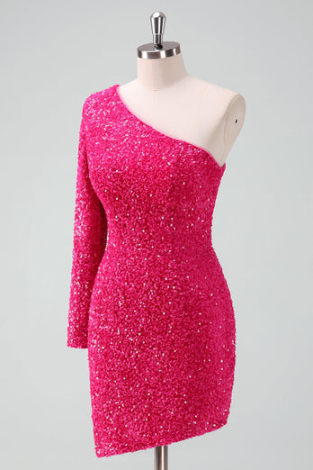 Sparkly Fuchsia One Shoulder Sequin Tight Short Graduation Dress with Fringe