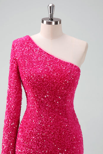 Sparkly Fuchsia One Shoulder Sequin Tight Short Graduation Dress with Fringe