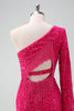 Load image into Gallery viewer, Sparkly Fuchsia One Shoulder Sequin Tight Short Graduation Dress with Fringe