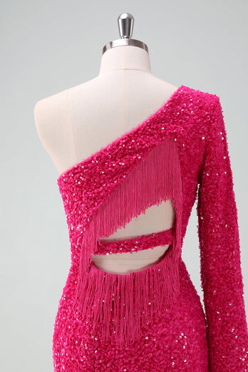 Sparkly Fuchsia One Shoulder Sequin Tight Short Graduation Dress with Fringe