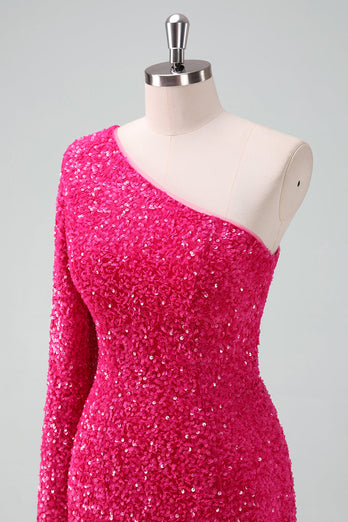 Sparkly Fuchsia One Shoulder Sequin Tight Short Graduation Dress with Fringe