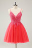 Load image into Gallery viewer, Cute Hot Pink A Line Spaghetti Straps Short Graduation Dress with Appliques