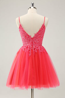 Cute Hot Pink A Line Spaghetti Straps Short Graduation Dress with Appliques