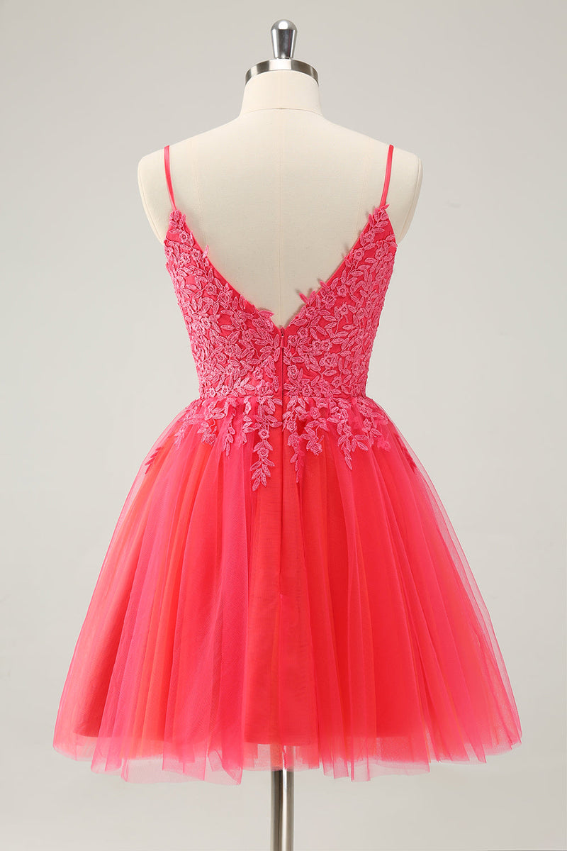 Load image into Gallery viewer, Cute Hot Pink A Line Spaghetti Straps Short Graduation Dress with Appliques