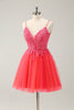 Load image into Gallery viewer, Cute Hot Pink A Line Spaghetti Straps Short Graduation Dress with Appliques