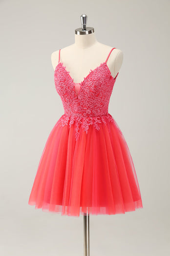 Cute Hot Pink A Line Spaghetti Straps Short Graduation Dress with Appliques