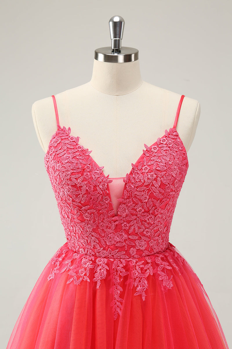 Load image into Gallery viewer, Cute Hot Pink A Line Spaghetti Straps Short Graduation Dress with Appliques