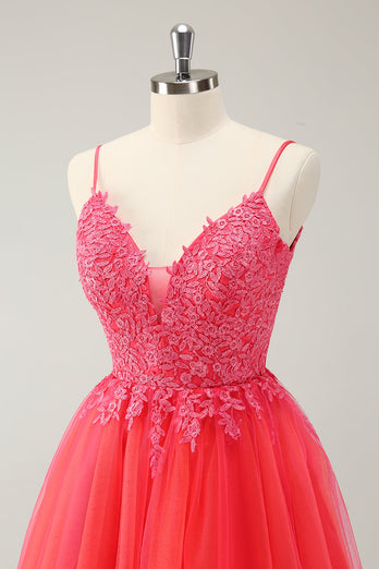 Cute Hot Pink A Line Spaghetti Straps Short Graduation Dress with Appliques