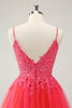 Load image into Gallery viewer, Cute Hot Pink A Line Spaghetti Straps Short Graduation Dress with Appliques