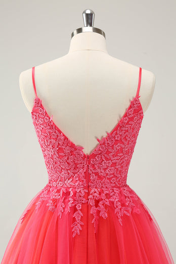 Cute Hot Pink A Line Spaghetti Straps Short Graduation Dress with Appliques