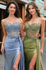 Load image into Gallery viewer, Green Mermaid Side Streamer Pleated Long Corset Satin Prom Dress With Slit