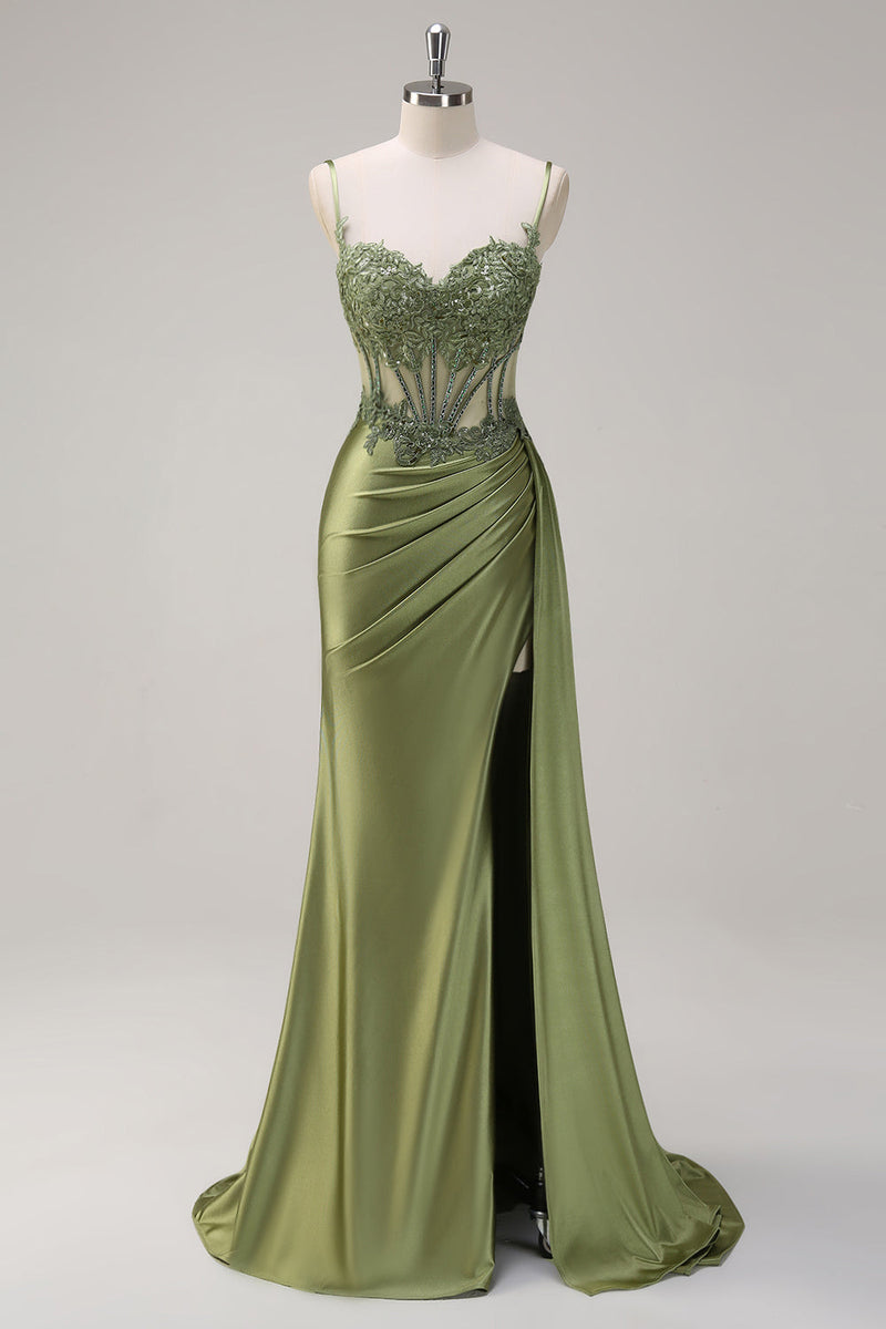 Load image into Gallery viewer, Green Mermaid Side Streamer Pleated Long Corset Satin Prom Dress With Slit