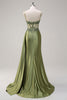 Load image into Gallery viewer, Green Mermaid Side Streamer Pleated Long Corset Satin Prom Dress With Slit