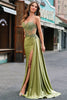 Load image into Gallery viewer, Green Mermaid Side Streamer Pleated Long Corset Satin Prom Dress With Slit