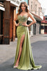 Load image into Gallery viewer, Green Mermaid Side Streamer Pleated Long Corset Satin Prom Dress With Slit