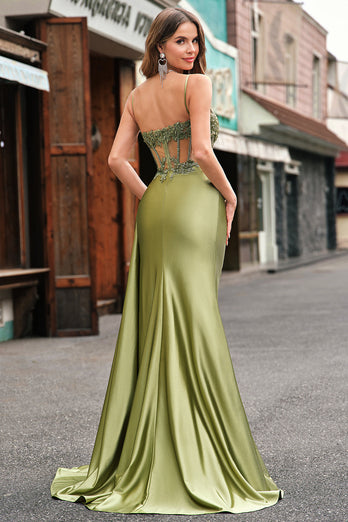 Green Mermaid Side Streamer Pleated Long Corset Satin Prom Dress With Slit