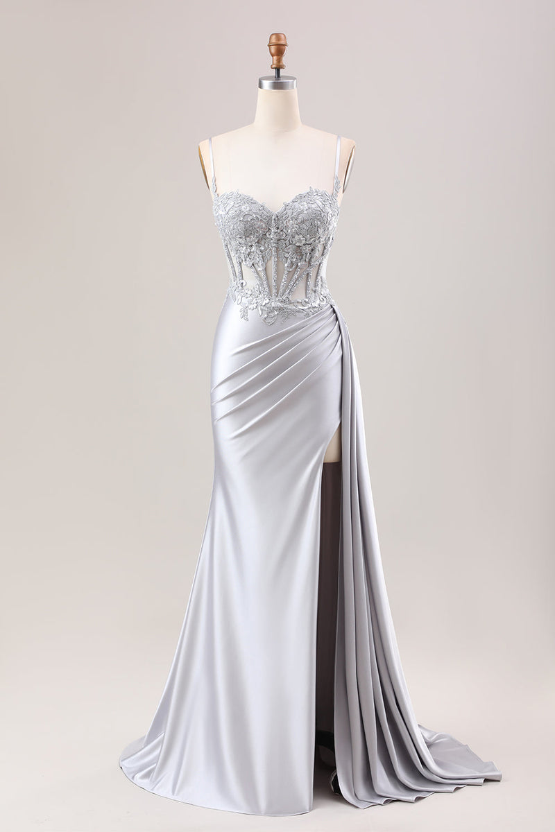 Load image into Gallery viewer, Silver Mermaid Pleated Sheer Long Corset Satin Prom Dress With Slit