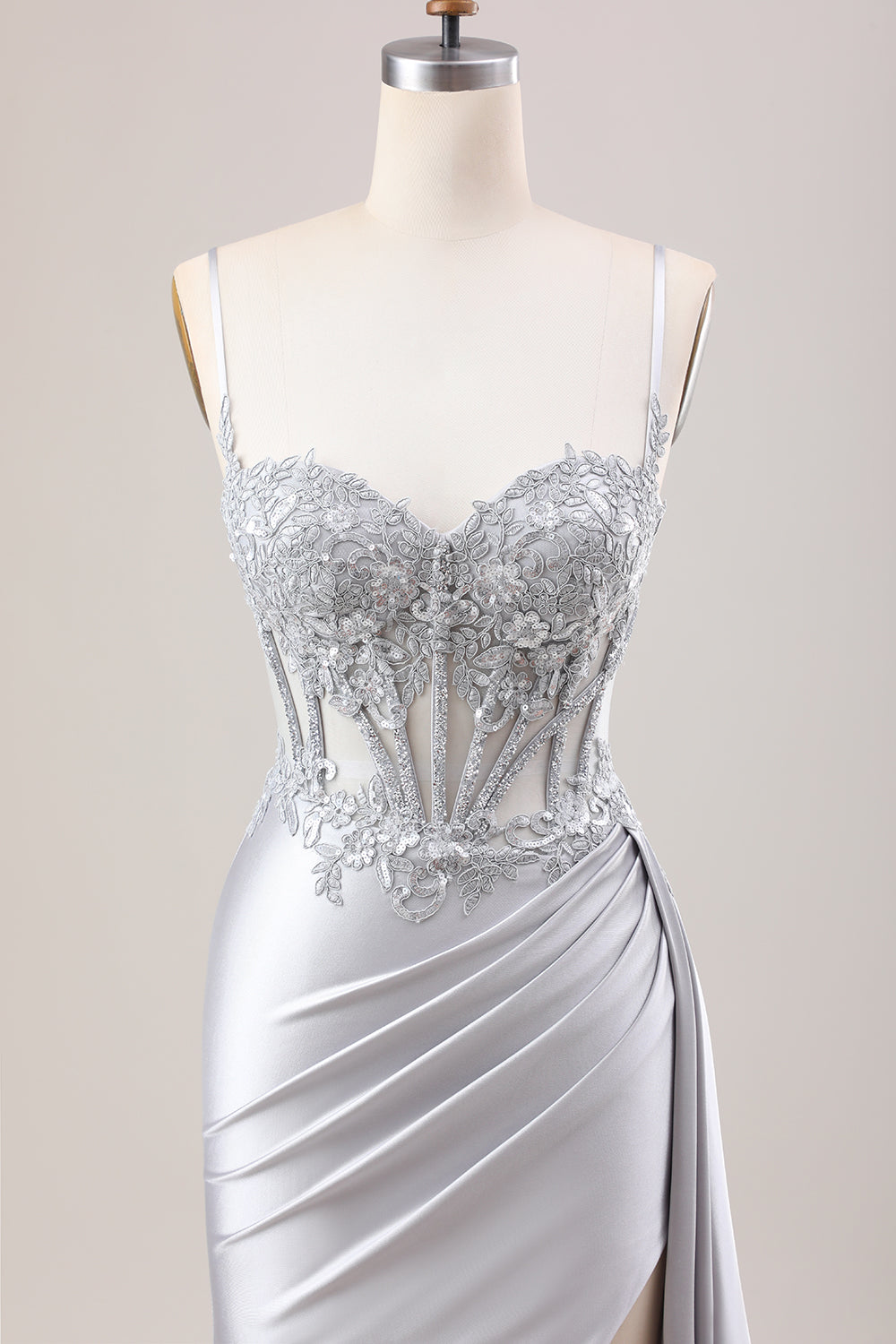 Zapaka Women Silver Satin Prom Dress With Slit Mermaid Pleated Sheer Long Corset Sequin Evening Dress With Appliques ZAPAKA UK Zapaka Women Silver Satin Prom Dress With Slit Mermaid Pleated Sheer Long Corset Sequin Evening Dress With Appliques ZAPAKA UK