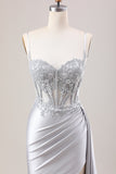 Silver Mermaid Pleated Sheer Long Corset Satin Prom Dress With Slit