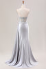 Load image into Gallery viewer, Silver Mermaid Pleated Sheer Long Corset Satin Prom Dress With Slit
