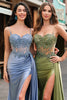 Load image into Gallery viewer, Green Mermaid Side Streamer Pleated Long Corset Satin Prom Dress With Slit