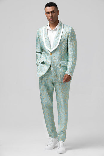 Mint Jacquard Shawl Lapel 2 Piece One Button Men's Suits