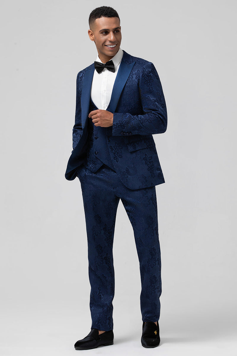 Load image into Gallery viewer, Dark Blue 3 Piece Peak Lapel Jacquard One Button Men&#39;s Prom Suits