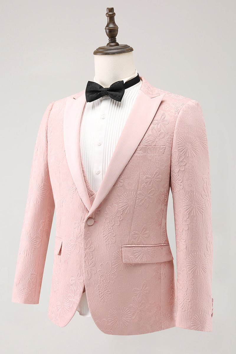 Load image into Gallery viewer, Light Pink 3 Piece Peak Lapel Jacquard One Button Men&#39;s Prom Suits