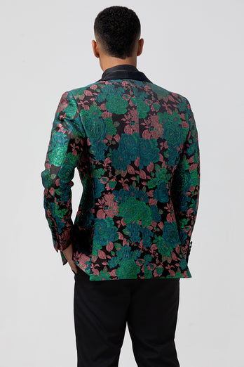 Green Shawl Lapel Jacquard Floral Men's Blazer