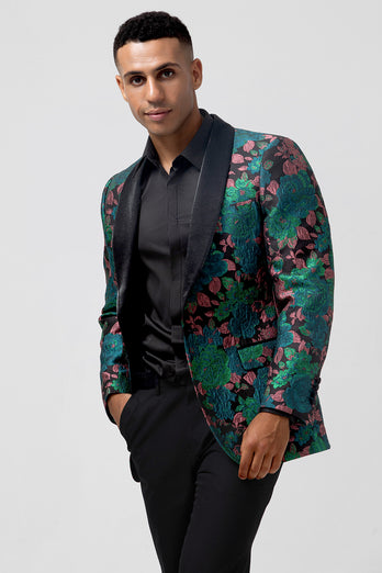 Green Shawl Lapel Jacquard Floral Men's Blazer