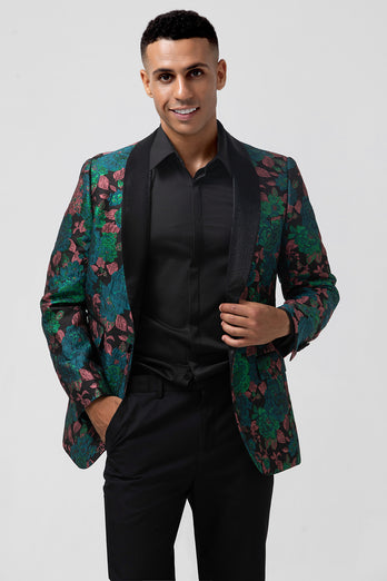 Green Shawl Lapel Jacquard Floral Men's Blazer