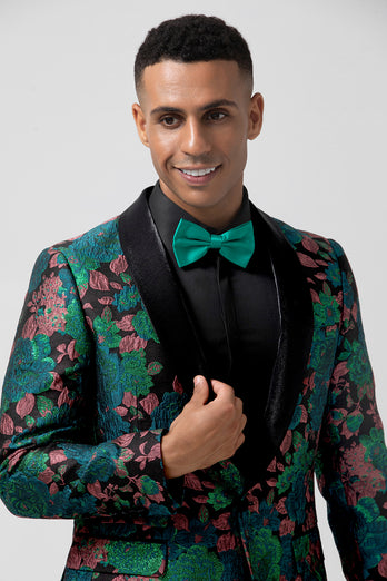 Green Shawl Lapel Jacquard Floral Men's Blazer