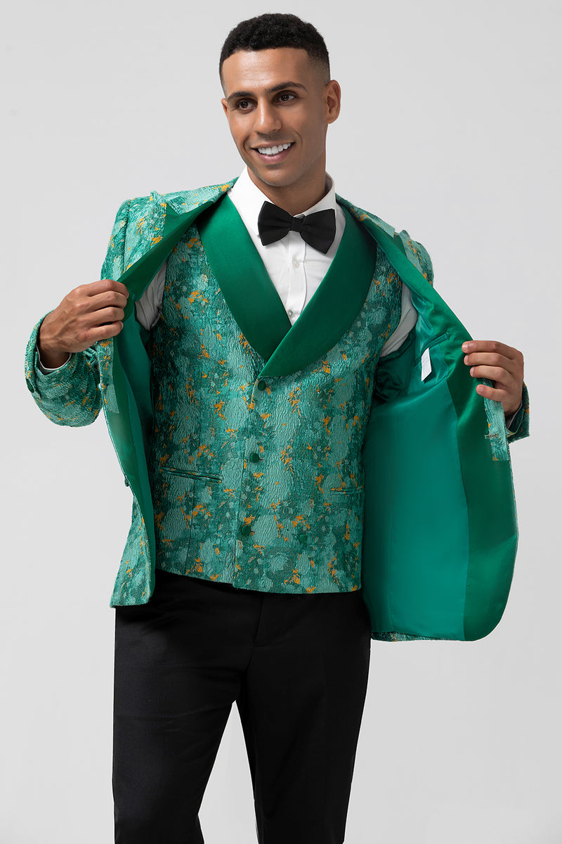 Load image into Gallery viewer, Green Peak Lapel Jacquard One Button 3 Pieces Men&#39;s Prom Suits