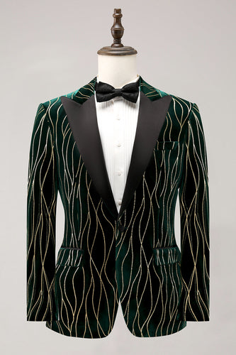 Dark Green Jacquard Peak Lapel One Button Velvet Stripe Men's Blazer