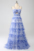 Load image into Gallery viewer, Blue Printed A Line Tiered Hollow-out Long Prom Dress