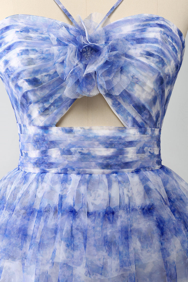 Load image into Gallery viewer, Blue Printed A Line Tiered Hollow-out Long Prom Dress