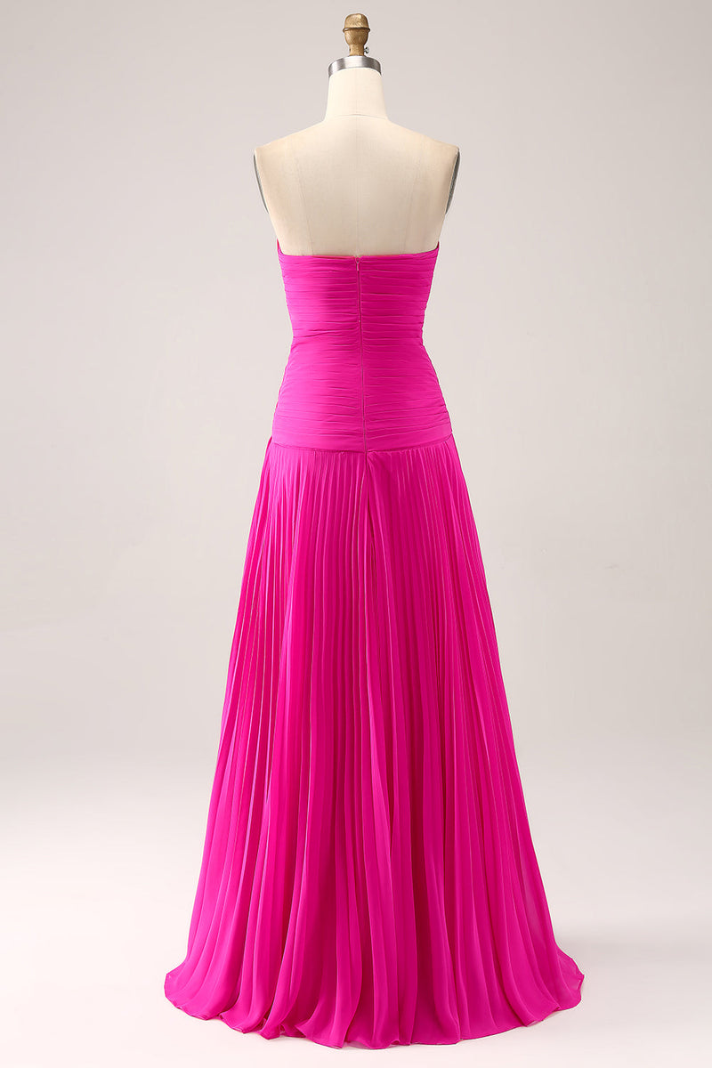 Load image into Gallery viewer, Fuchsia A Line Sweetheart Pleated Keyhole Long Prom Dress With Slit