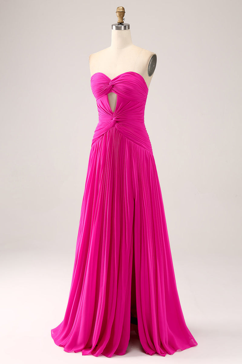 Load image into Gallery viewer, Fuchsia A Line Sweetheart Pleated Keyhole Long Prom Dress With Slit