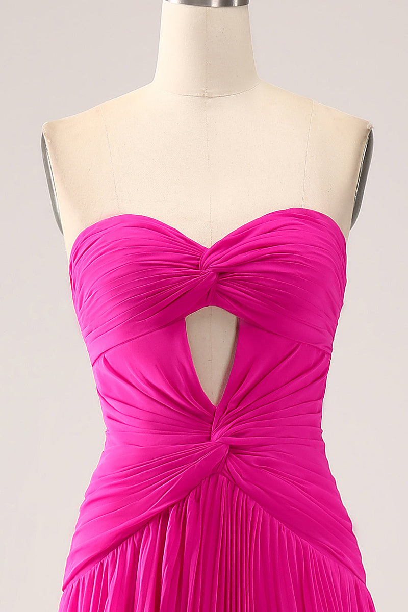 Load image into Gallery viewer, Fuchsia A Line Sweetheart Pleated Keyhole Long Prom Dress With Slit