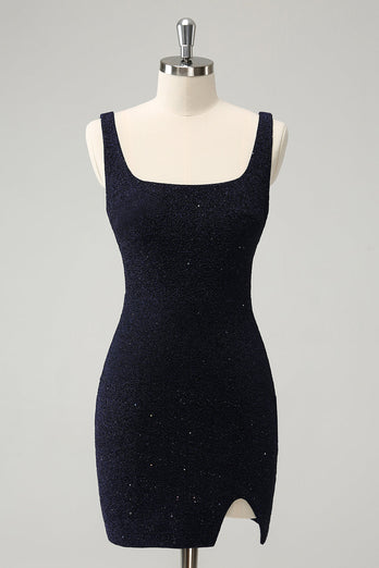 Sparkly Bodycon Square Neck Mini Dark Blue Graduation Dress With Slit