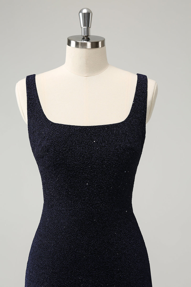 Load image into Gallery viewer, Sparkly Dark Blue Square Neck Bodycon Short Graduation Dress With Slit