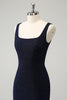 Load image into Gallery viewer, Sparkly Dark Blue Square Neck Bodycon Short Graduation Dress With Slit