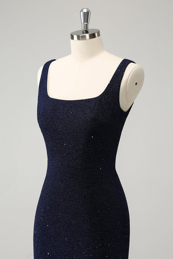 Sparkly Dark Blue Square Neck Bodycon Short Graduation Dress With Slit