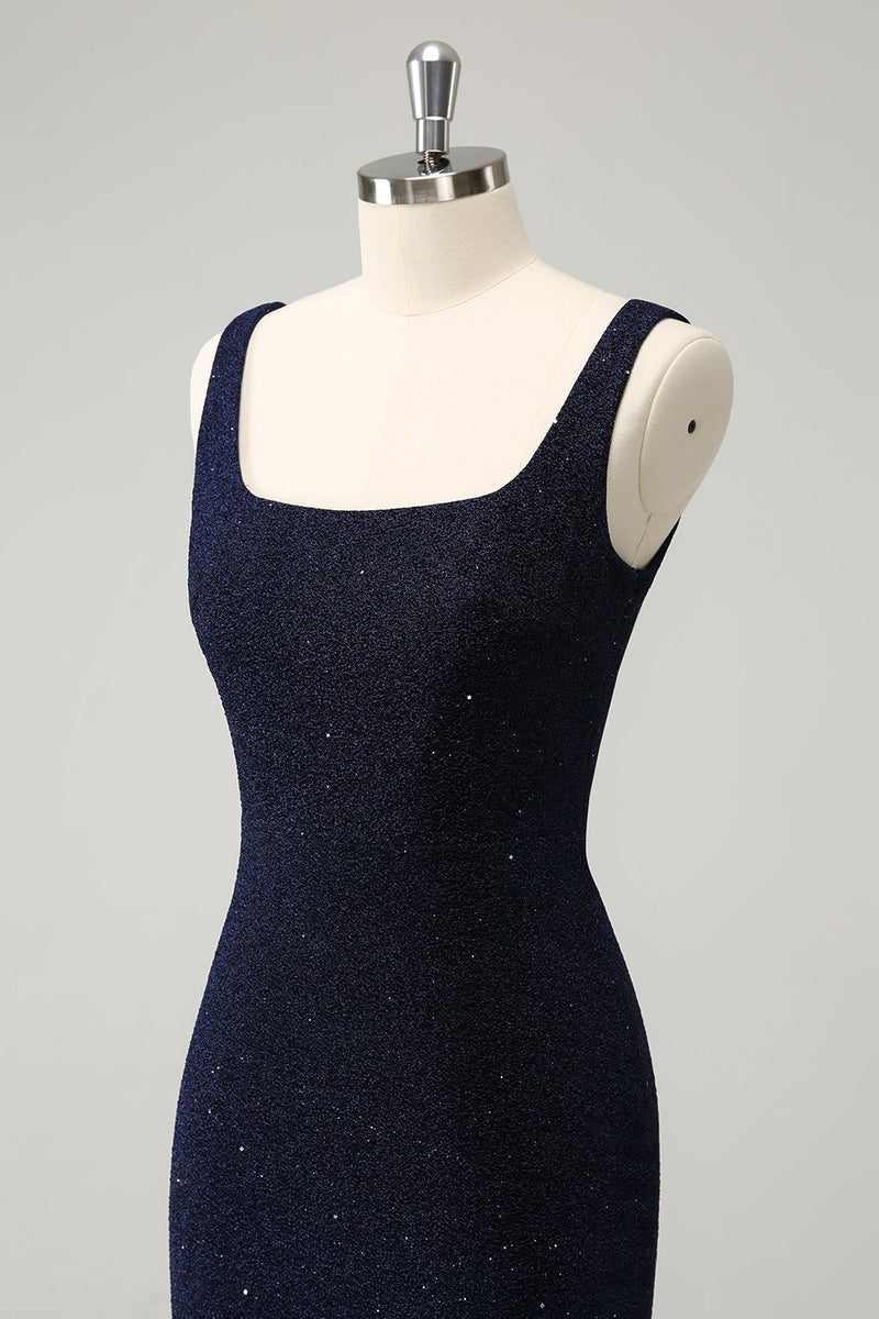 Load image into Gallery viewer, Sparkly Dark Blue Square Neck Bodycon Short Graduation Dress With Slit