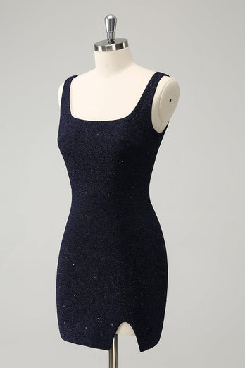 Sparkly Dark Blue Square Neck Bodycon Short Graduation Dress With Slit