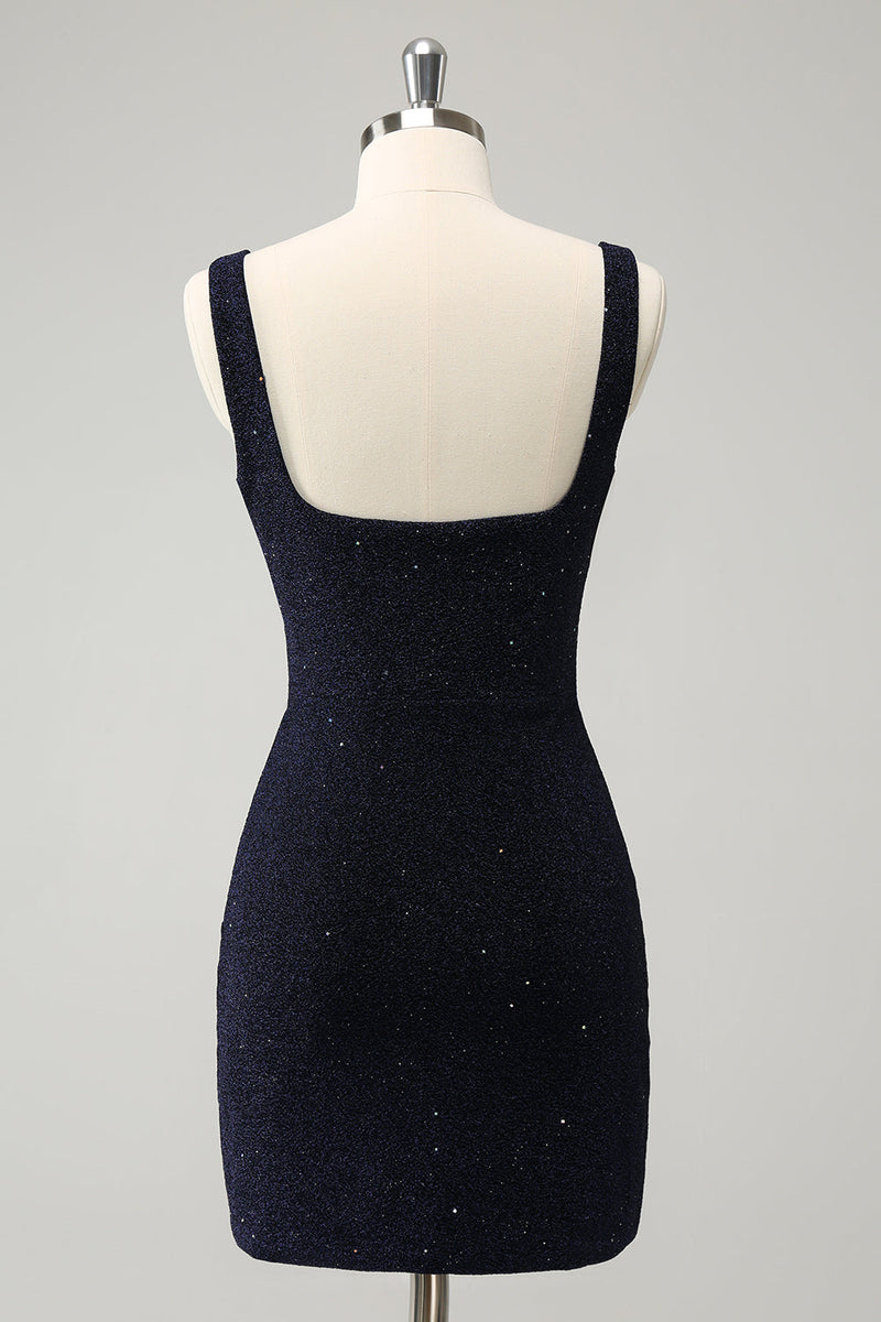 Load image into Gallery viewer, Sparkly Bodycon Square Neck Mini Dark Blue Graduation Dress With Slit