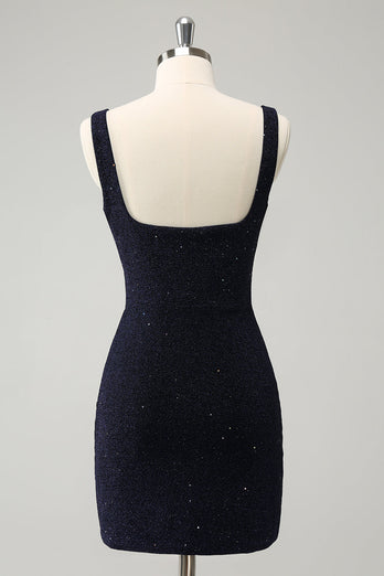 Sparkly Dark Blue Square Neck Bodycon Short Graduation Dress With Slit