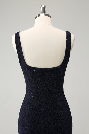 Sparkly Dark Blue Square Neck Bodycon Short Graduation Dress With Slit