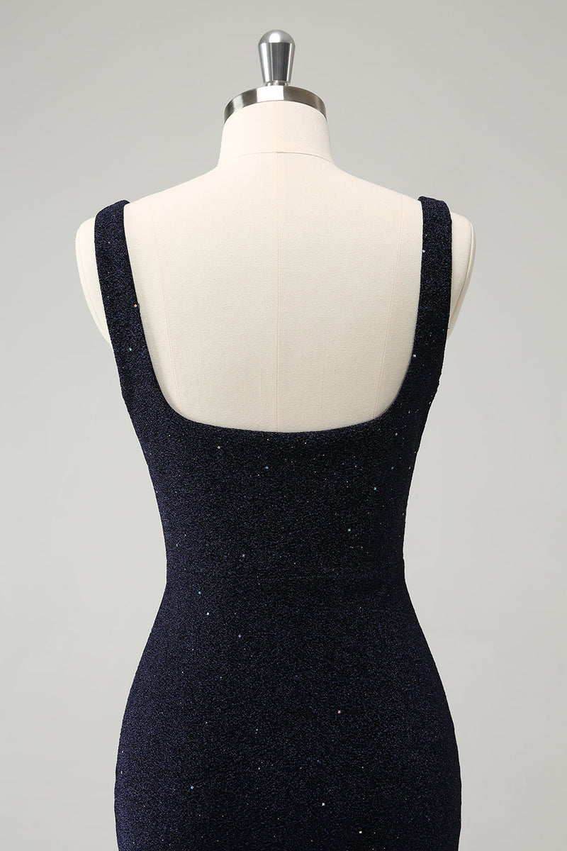 Load image into Gallery viewer, Sparkly Dark Blue Square Neck Bodycon Short Graduation Dress With Slit